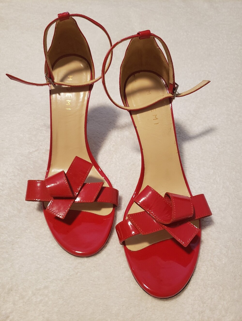 M. Gemi Bright Cherry Red Ankle Strap Sandals Size 41 (~US 10.5) Party Bow Heels